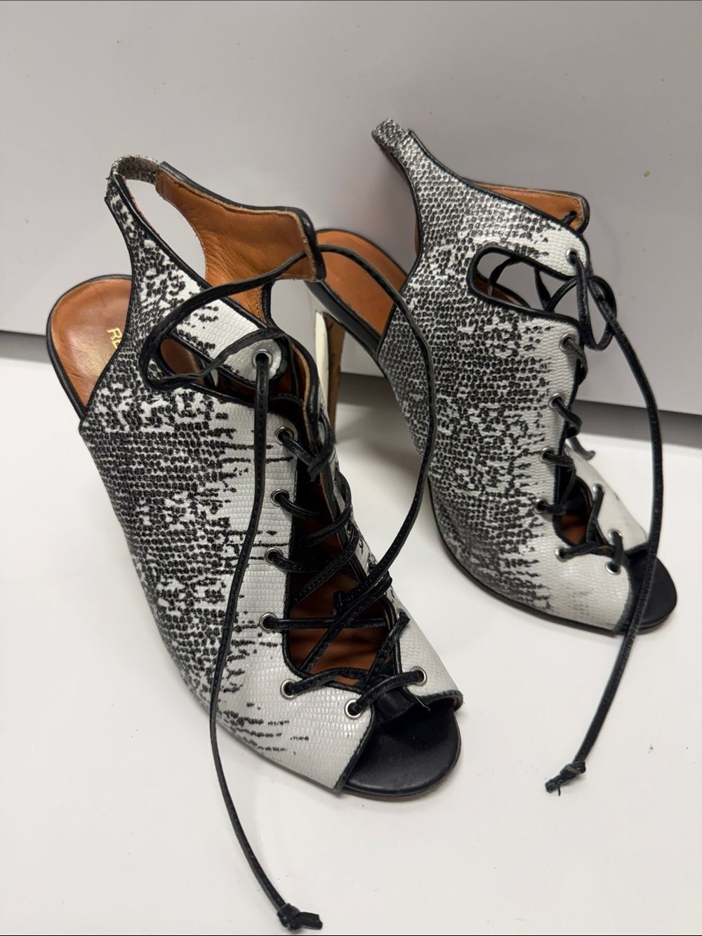 Women's Black & White Lace-Up Peep Toe Heels REBECCA MINKOFF Size 7.5 Like New